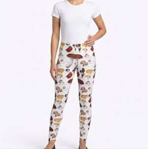 XS White Botanical Mushroom Fungi Print Leggings Cottagecore Academic Chart